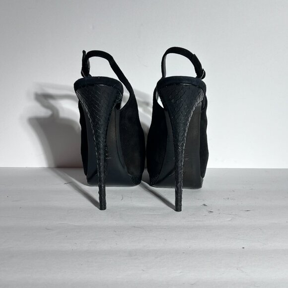 Giuseppe Zanotti Blk Suede Snakeskin High Heel Peeptoe Slingback Pump Sz 8.5 - Picture 6 of 15